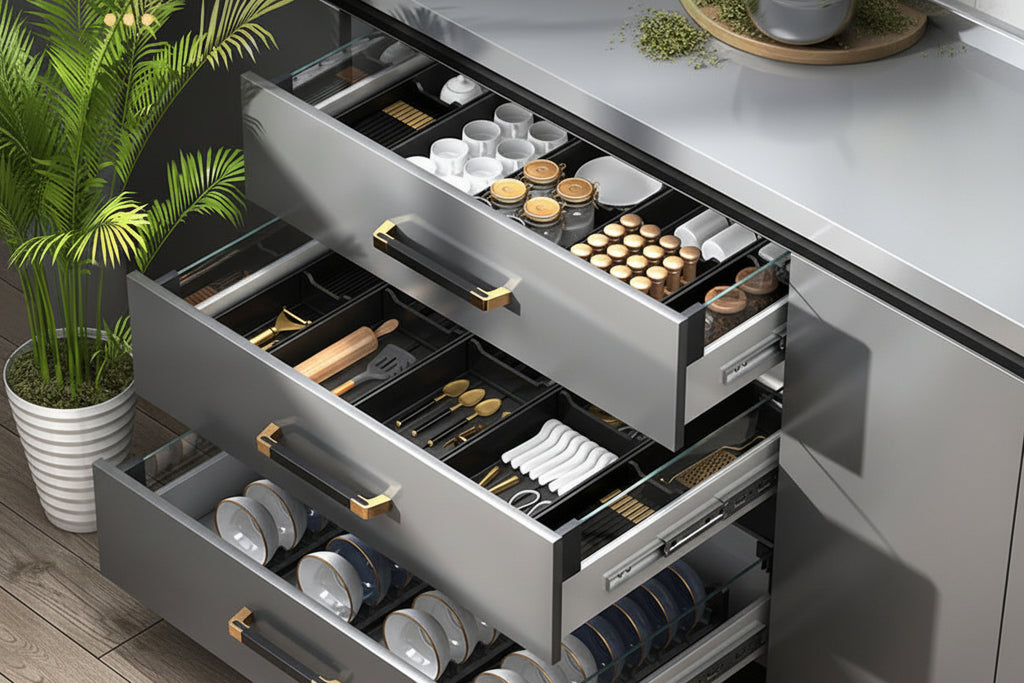 Justerbar skuffeorganisator for servise og bestikk