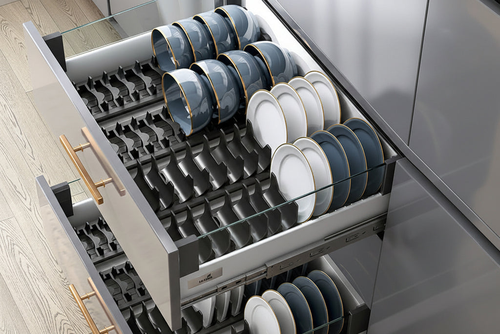 Justerbar skuffeorganisator for servise og bestikk