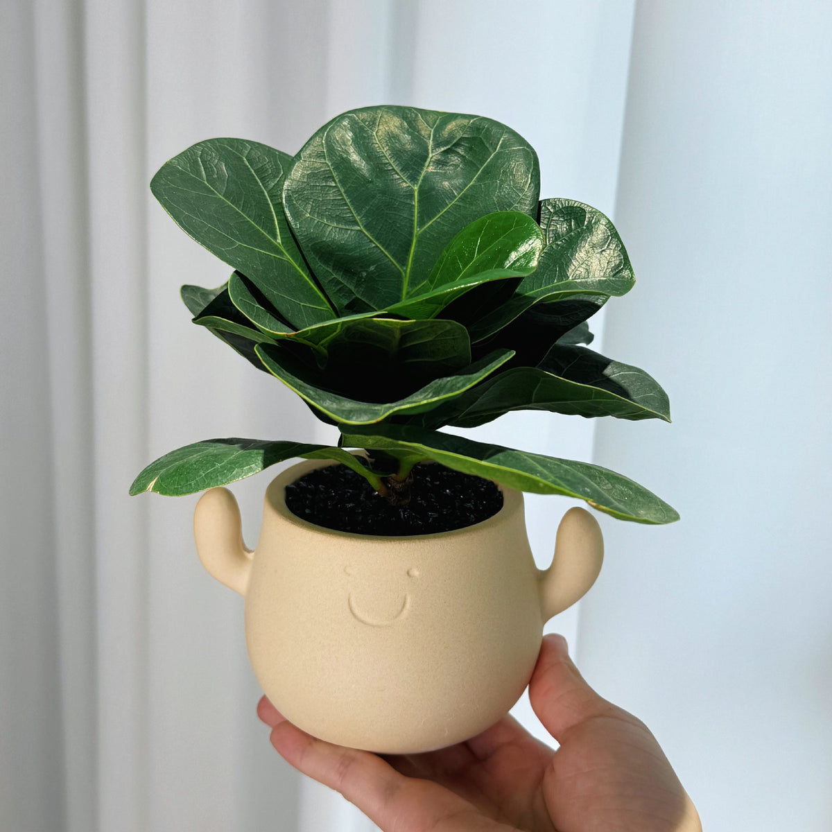 Kunstig grønn plante i dekorativ figurpotte
