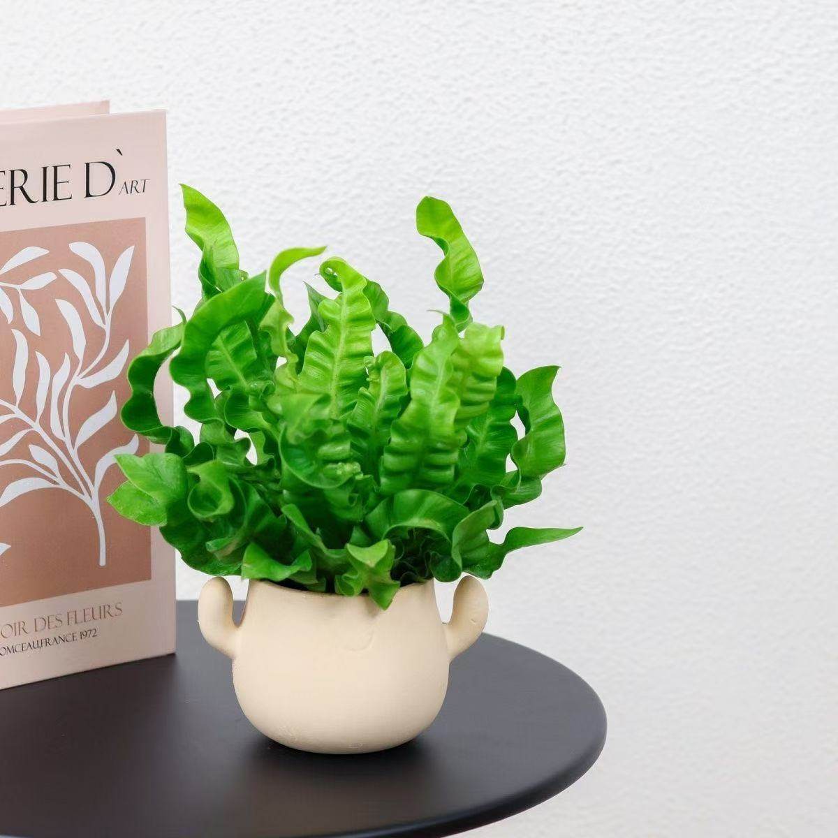Kunstig grønn plante i dekorativ figurpotte