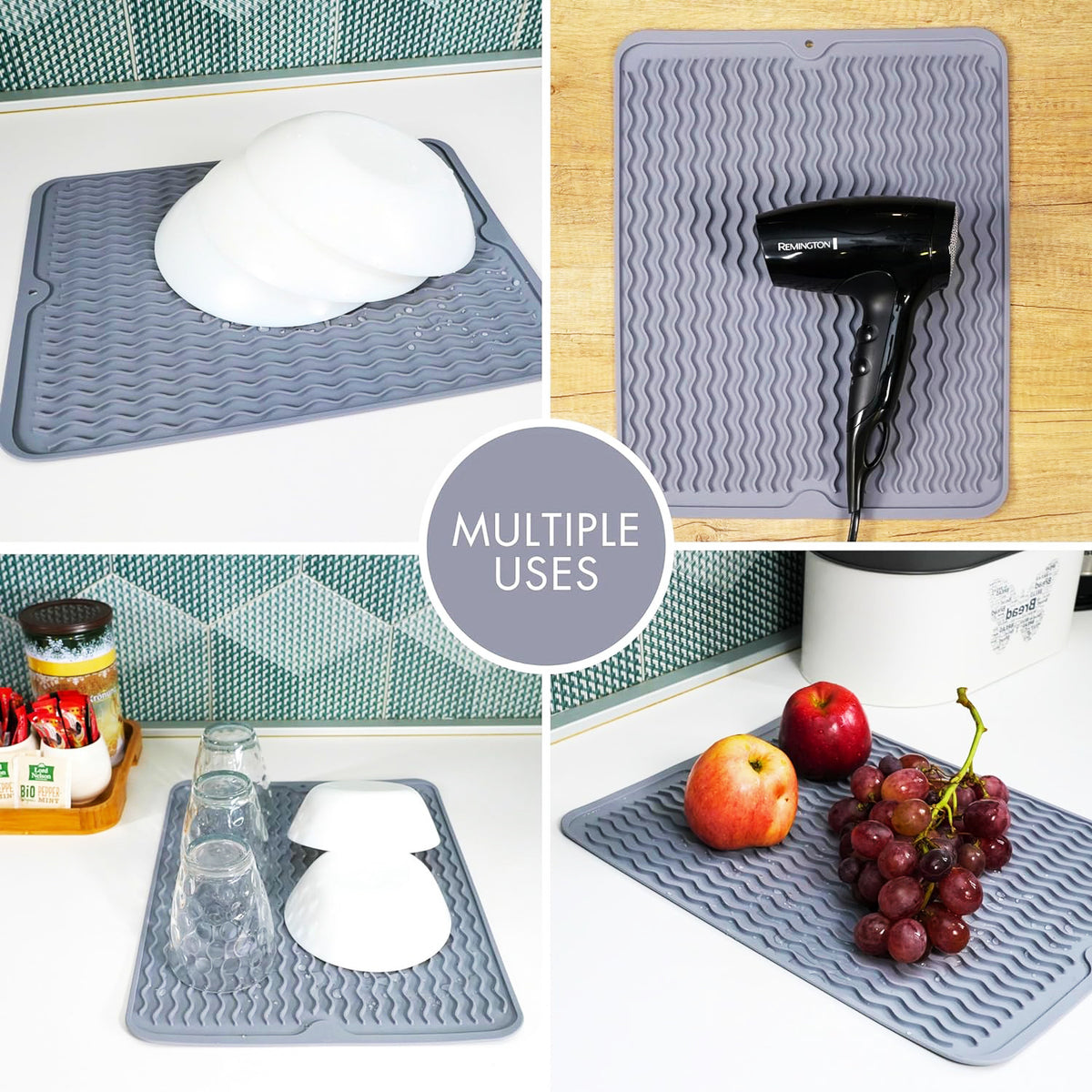 Grå multifunksjonell tørkematte vist med servise, glass, hårføner og frukt