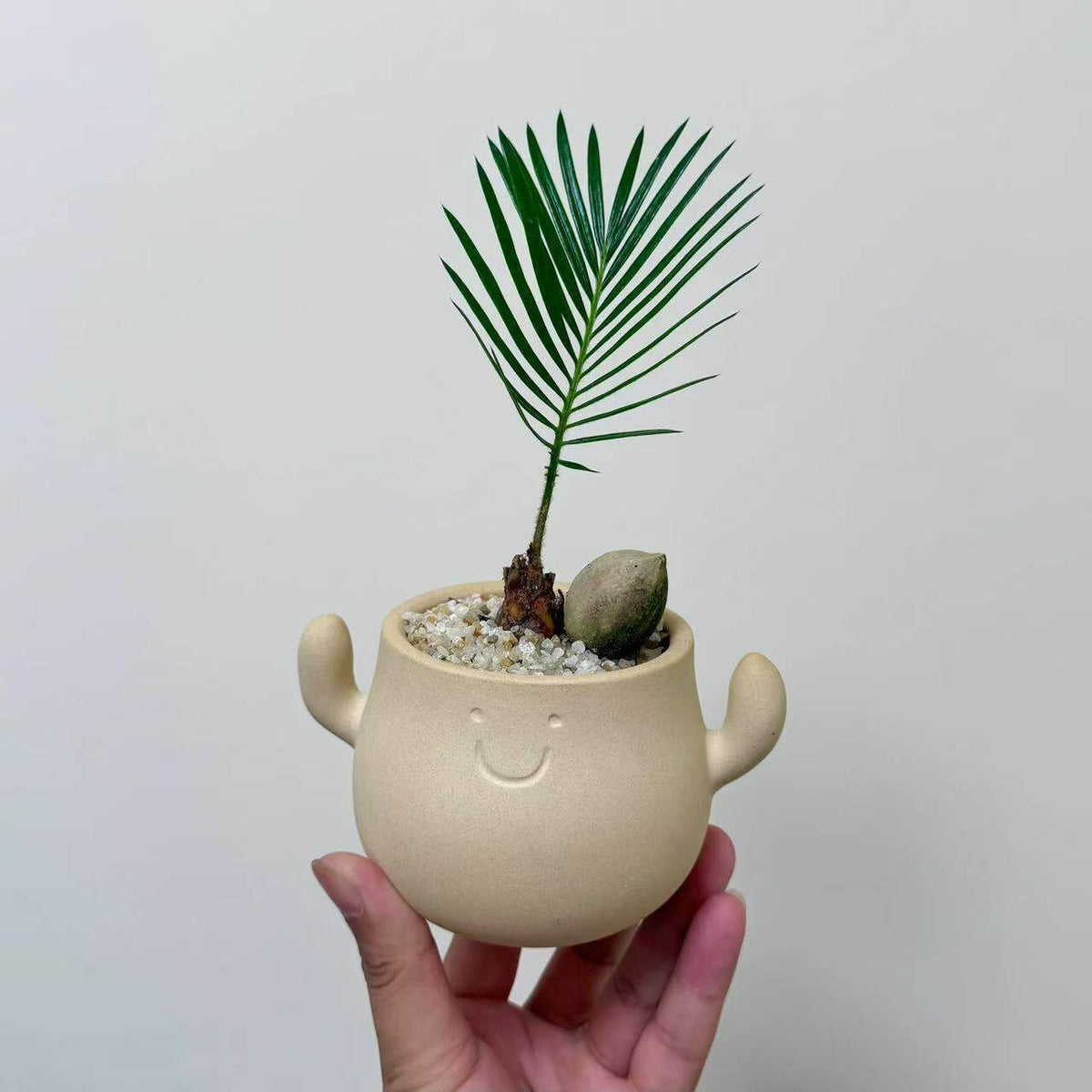 Kunstig grønn plante i dekorativ figurpotte